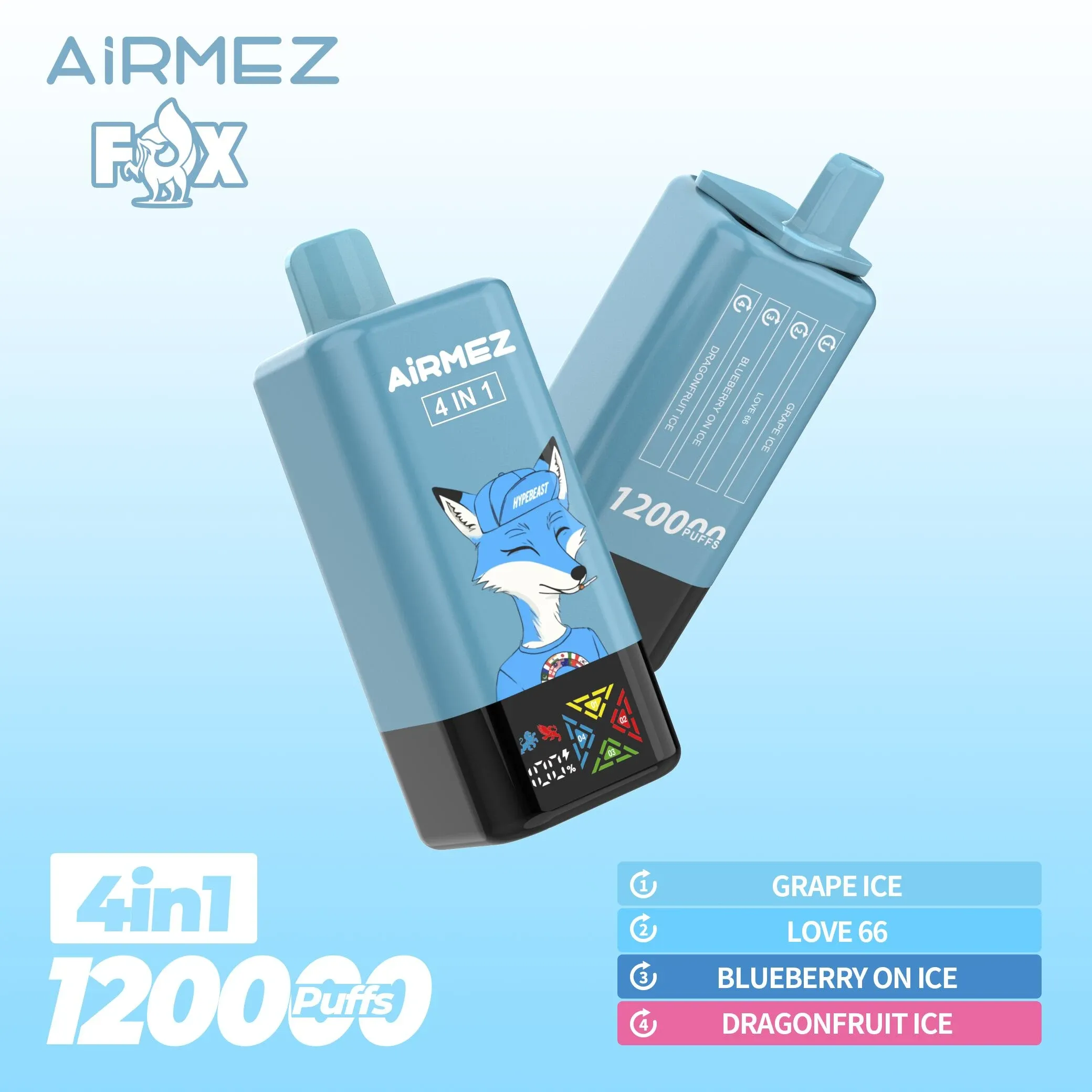 Vaper desechable AIRMEZ FOX 120000 puffs 4 en 1 sabor Grape, Love 66 y Blueberry Dragonfruit