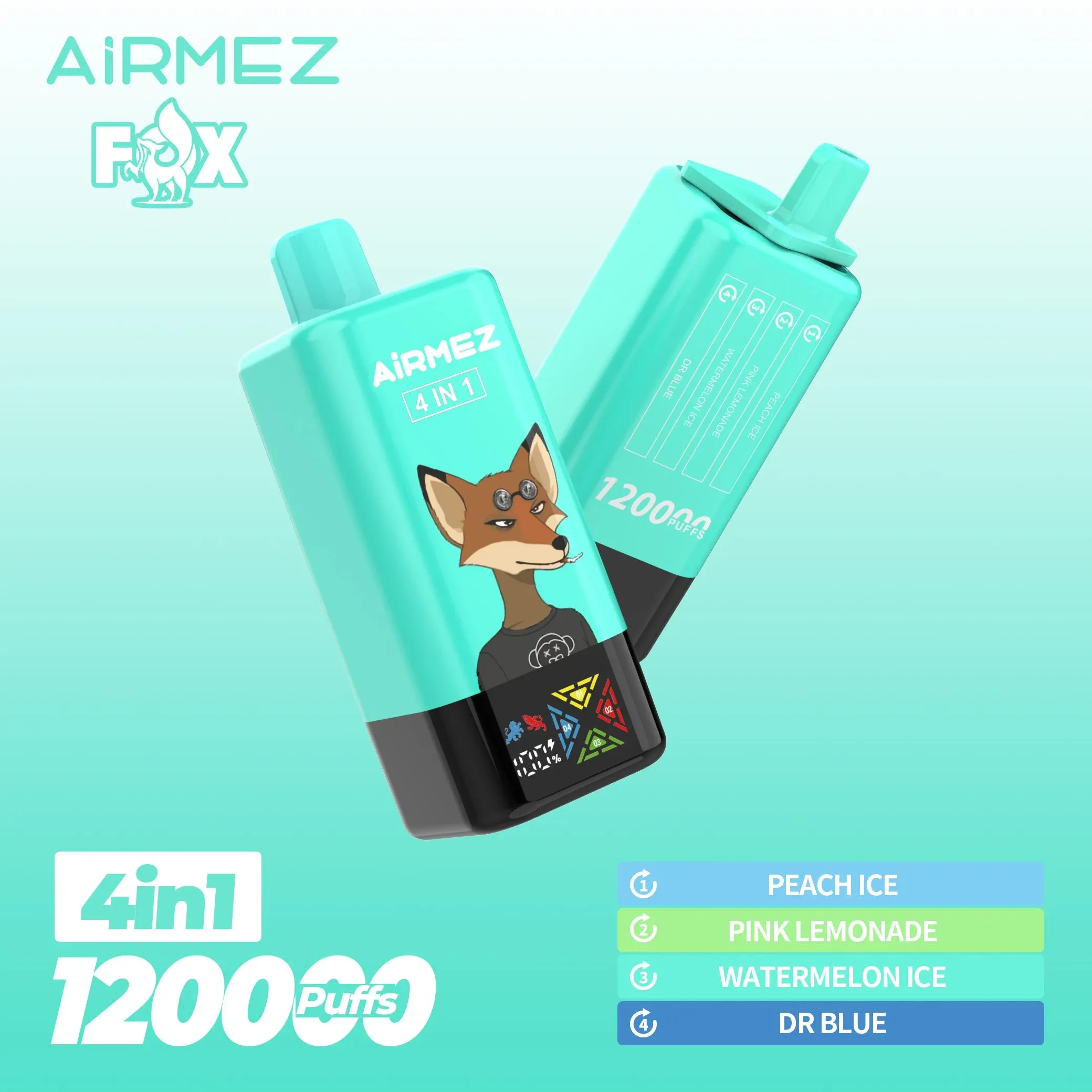 Vaper desechable AIRMEZ FOX 120000 puffs 4 en 1 sabor Peach Ice, Pink Lemonade, Watermelon Ice y Dr Blue