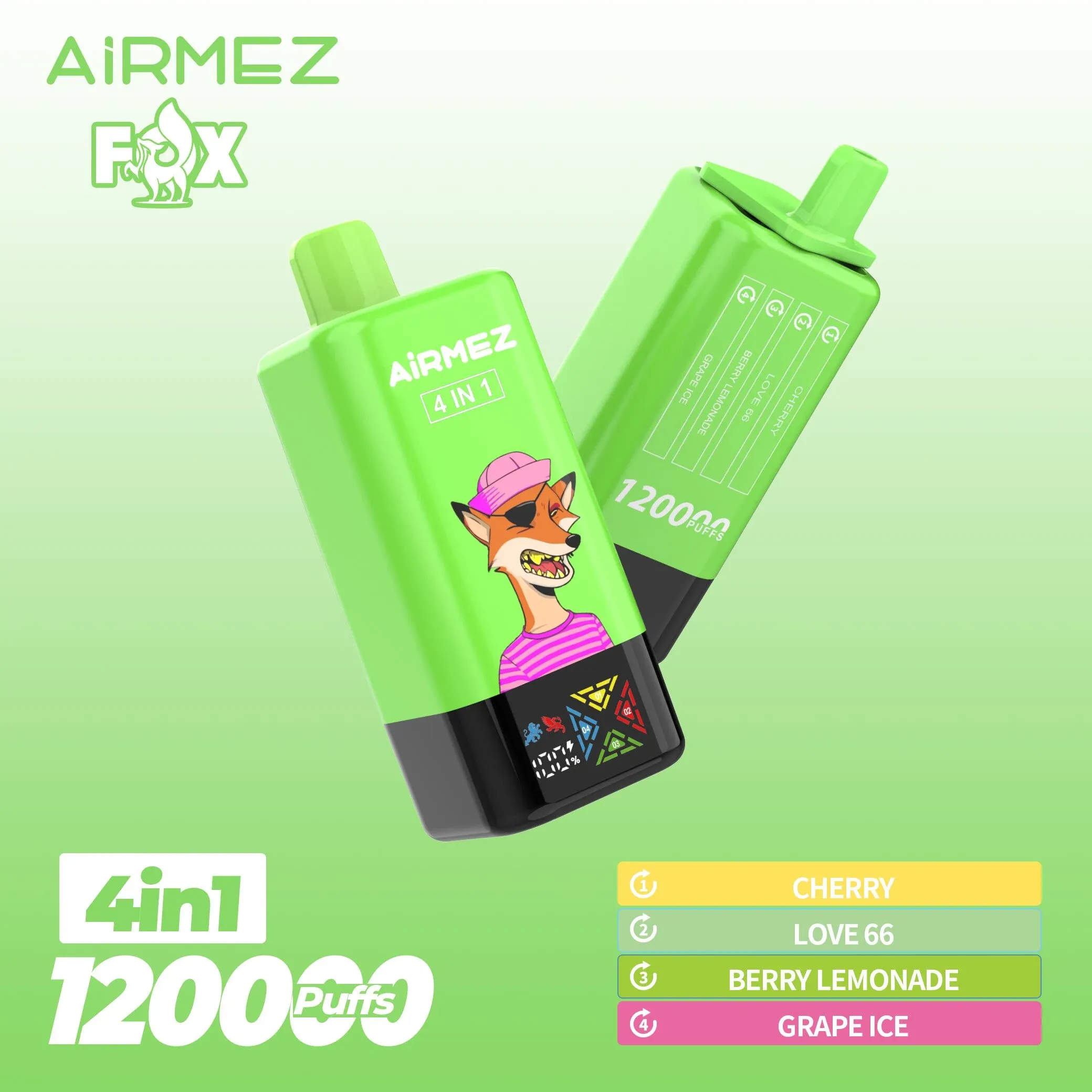 Vaper desechable AIRMEZ FOX 120000 puffs 4 en 1 sabor Cherry, Love 66, Berry Lemonade y Grape Ice