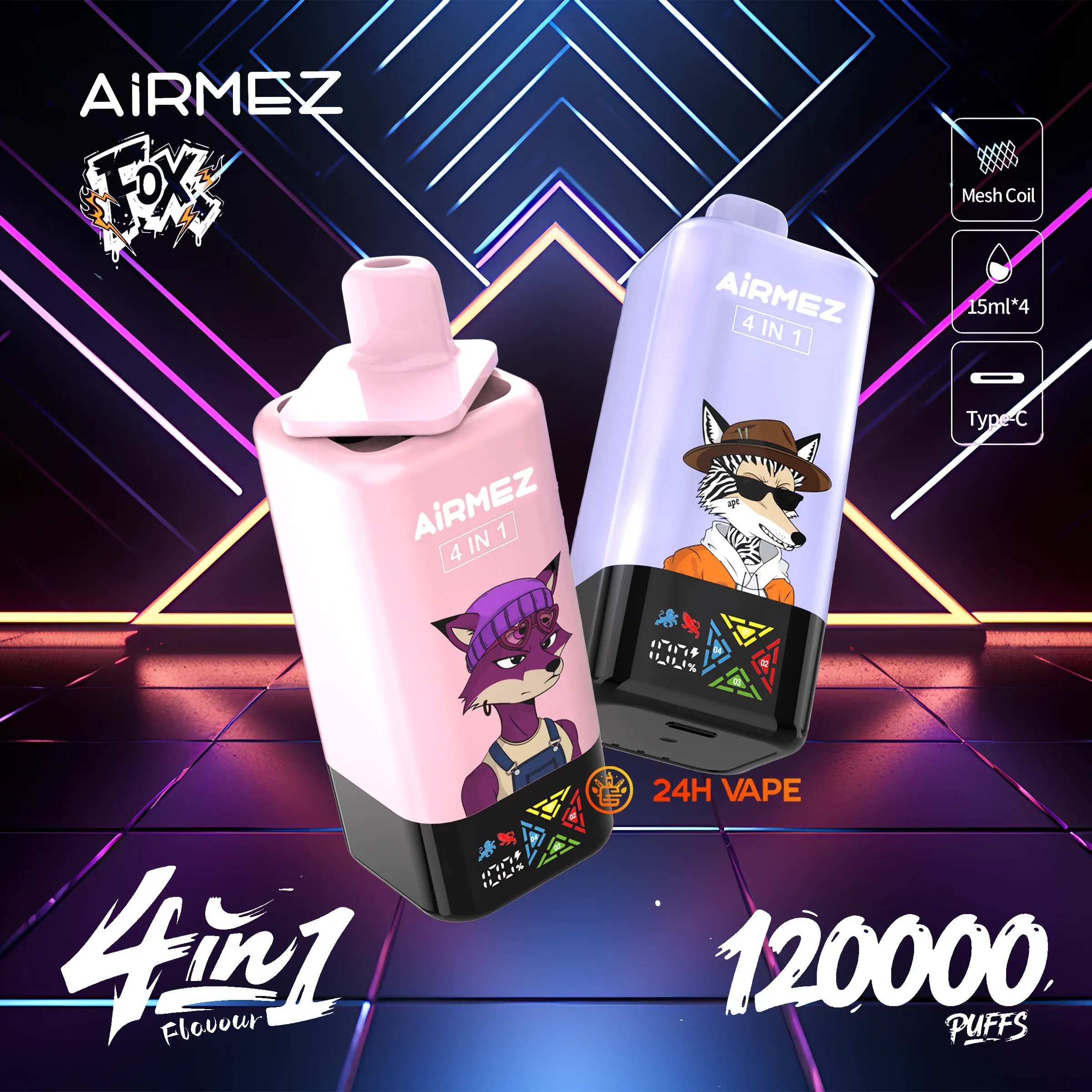 Airmez Fox 120K Puffs – Vaper Desechable Recargable 4 en 1 con Pantalla LED