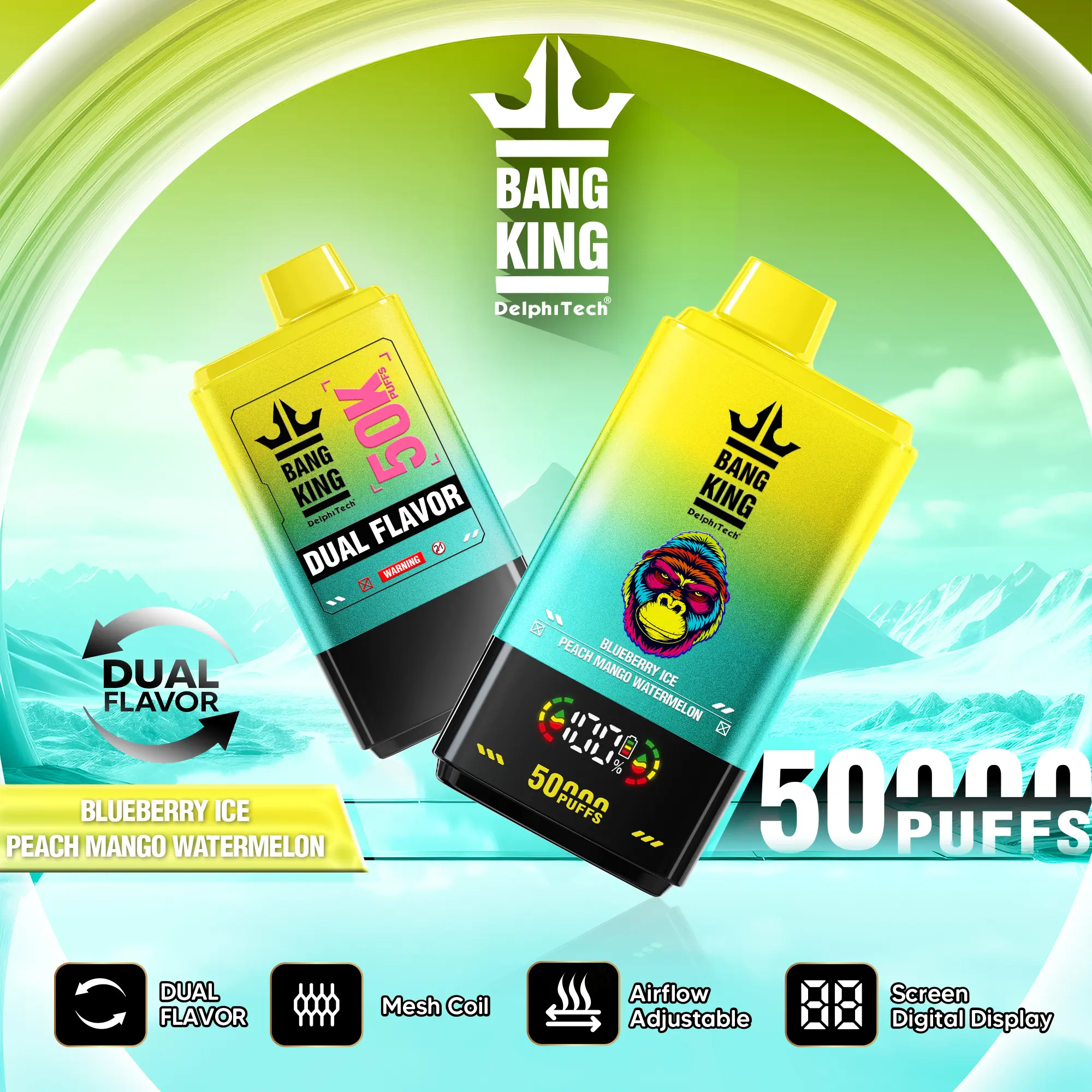 Bang King 50000 - doble sabor Blueberry Ice y Peach Mango Watermelon
