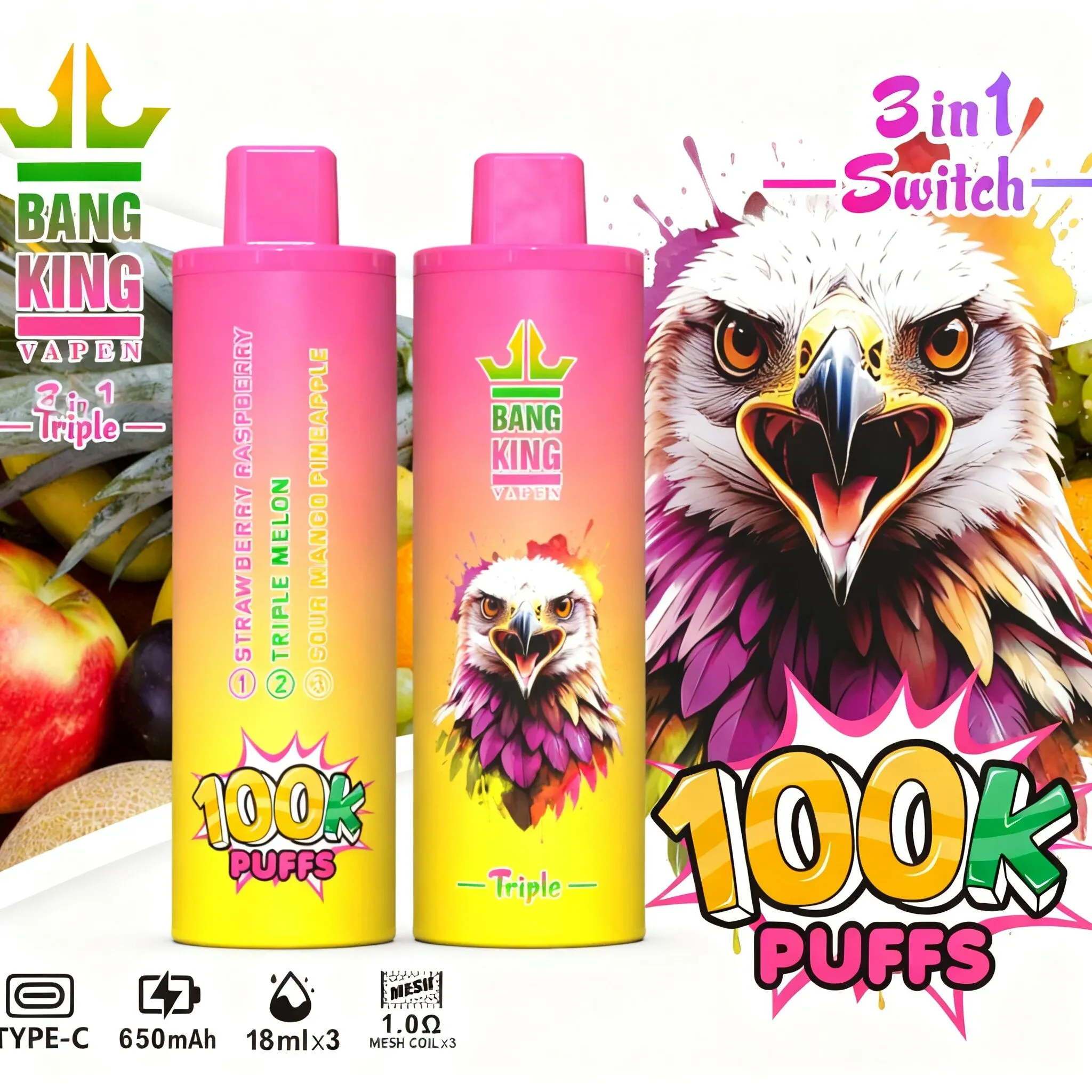 Bang King Triple 100000 Caladas | Vaper Desechable Recargable 3 en 1 (54 ml)