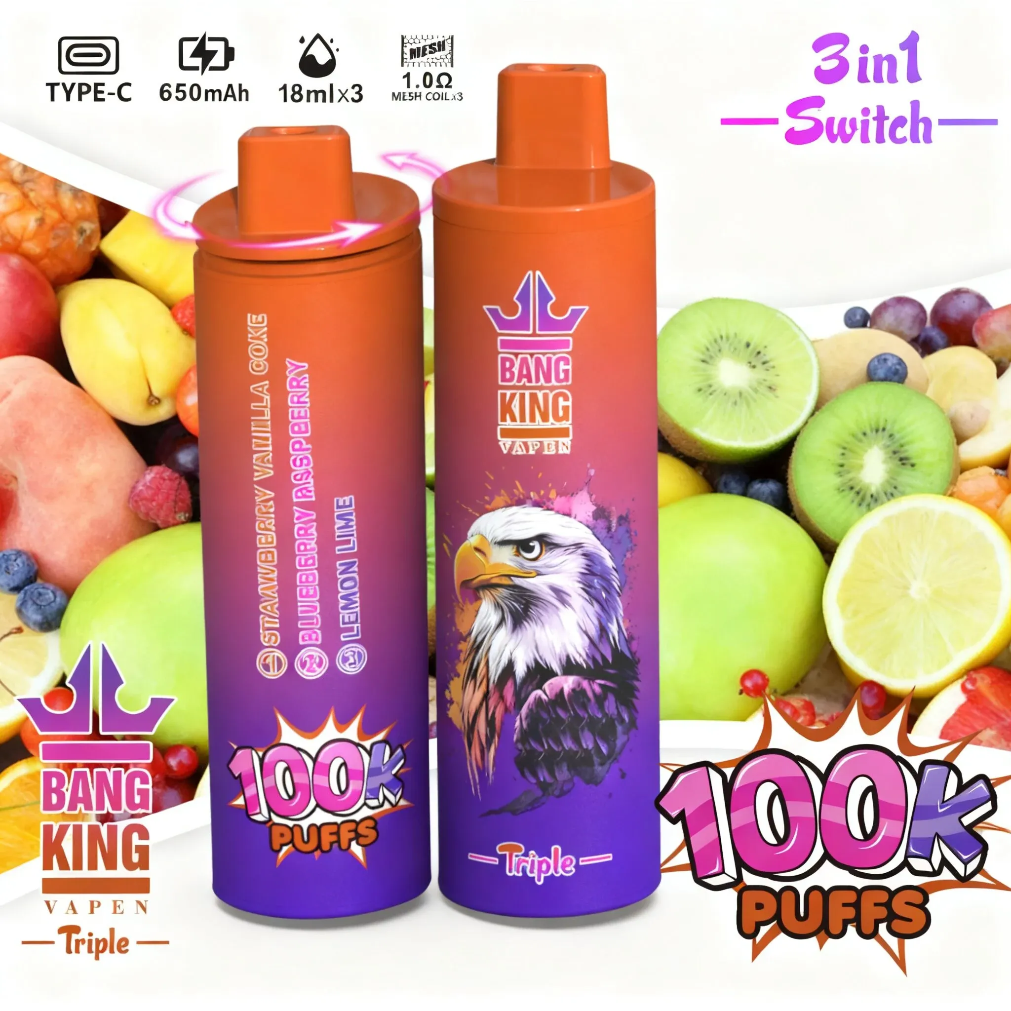 Bang King Triple 100000 Caladas | Vaper Desechable Recargable 3 en 1 (54 ml) - Imagen 3