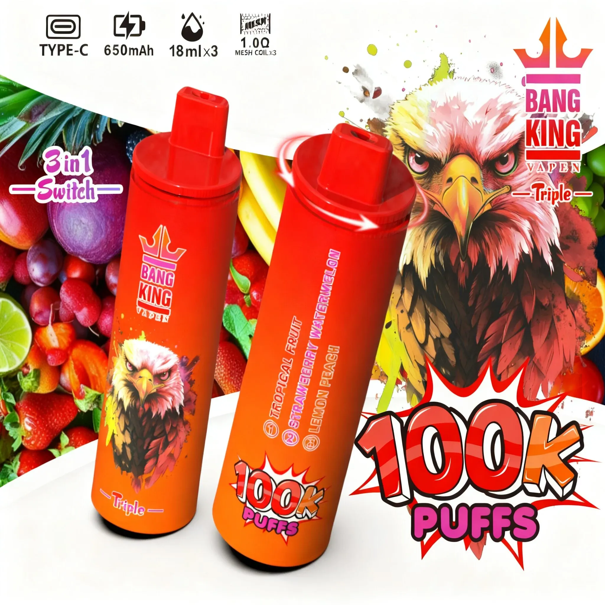 Bang King Triple 100000 Caladas | Vaper Desechable Recargable 3 en 1 (54 ml) - Imagen 5
