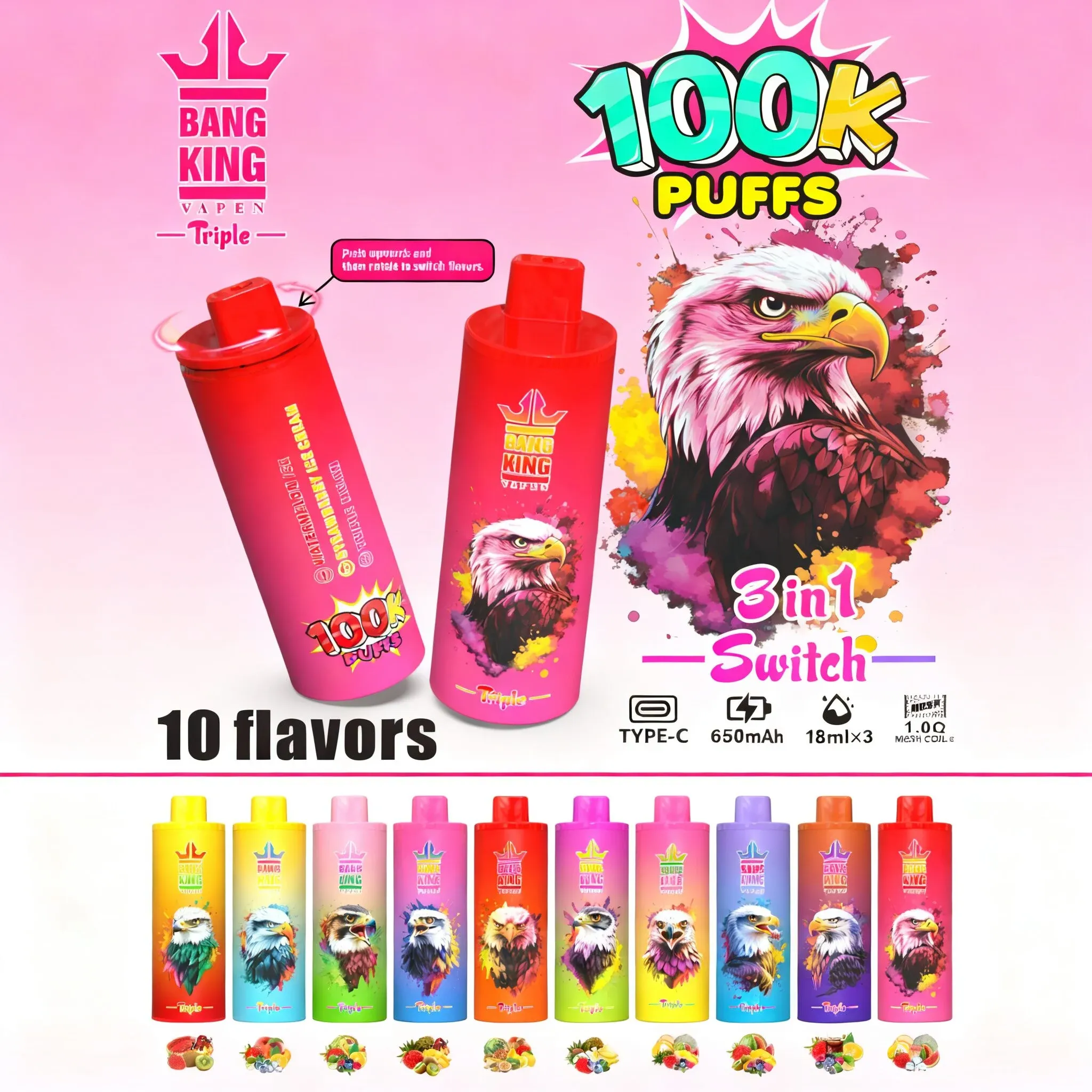 Bang King Triple 100000 Caladas | Vaper Desechable Recargable 3 en 1 (54 ml) - Imagen 2