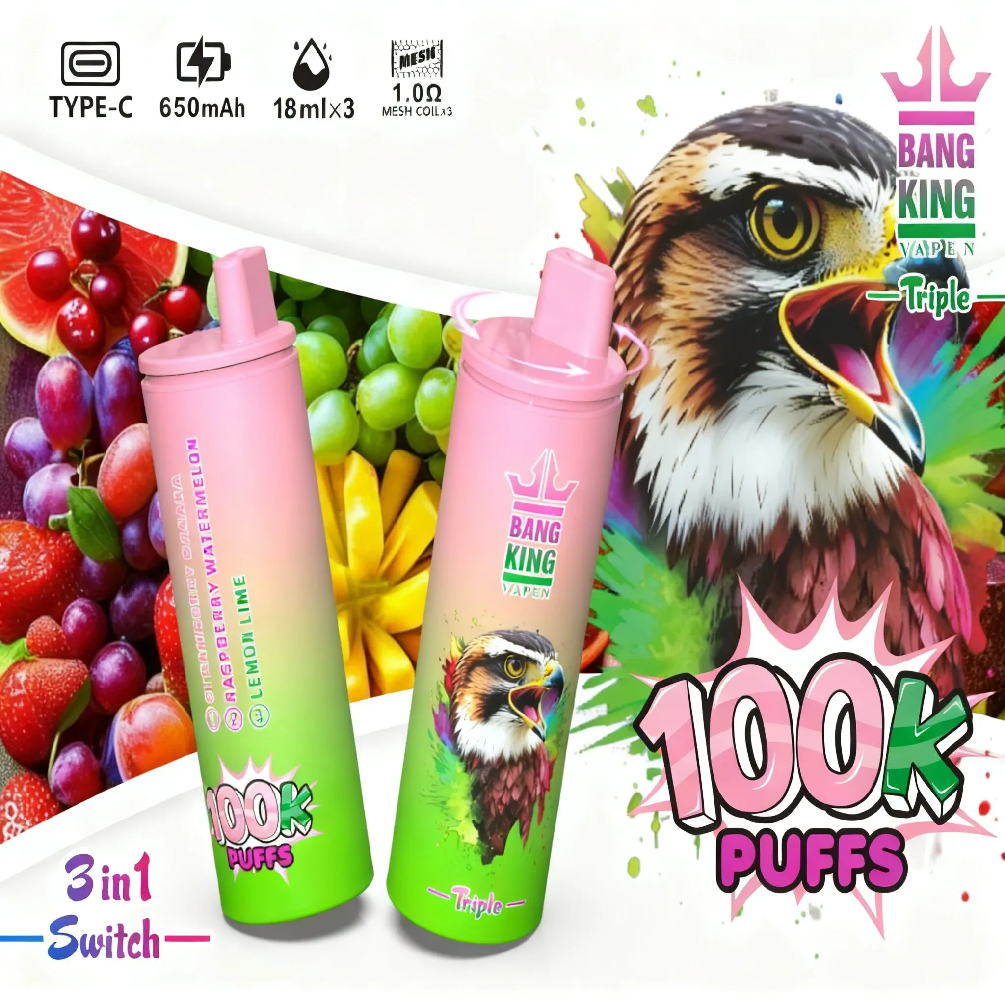 Bang King Triple 100000 Caladas | Vaper Desechable Recargable 3 en 1 (54 ml) - Imagen 6