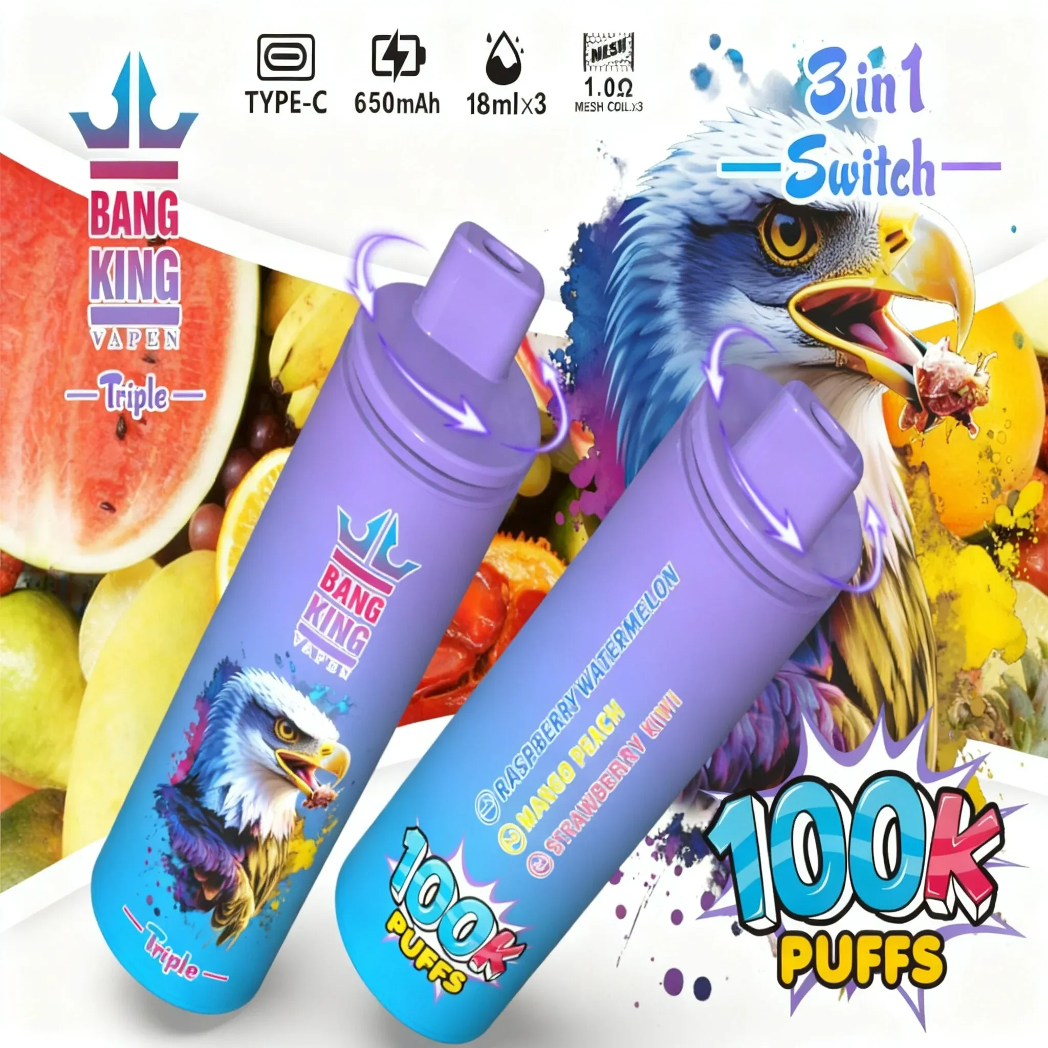 Bang King Triple 100000 Caladas | Vaper Desechable Recargable 3 en 1 (54 ml) - Imagen 9