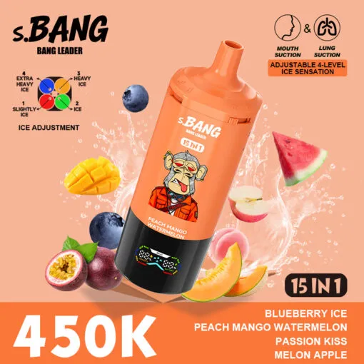 Vaper desechable BANG LEADER 450000 puffs 15 en 1 sabor Blueberry Ice, Peach Mango, Watermelon, Passion Kiss y Melon Apple