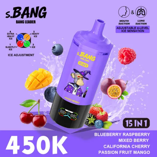 Vaper desechable BANG LEADER 450000 puffs 15 en 1 sabor Blueberry Raspberry, Mixed Berry, California Cherry, Passion Fruit y Mango