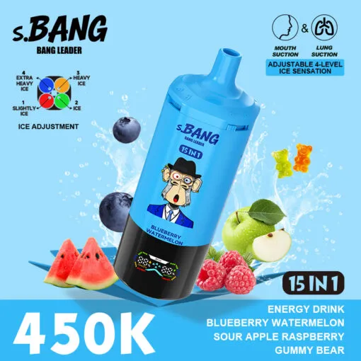 Vaper desechable BANG LEADER 450000 puffs 15 en 1 sabor Energy Drink, Blueberry Watermelon, Sour Apple, Raspberry y Gummy Bear