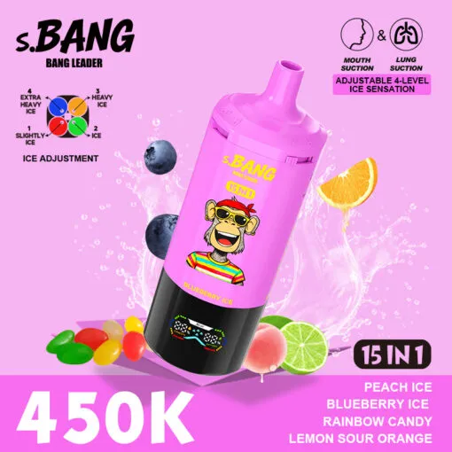 Vaper desechable BANG LEADER 450000 puffs 15 en 1 sabor Peach Ice, Blueberry Ice, Rainbow Candy, Lemon y Sour Orange
