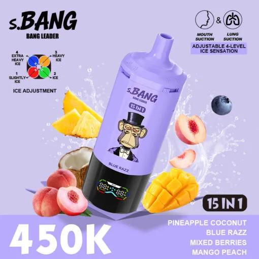 Vaper desechable BANG LEADER 450000 puffs 15 en 1 sabor Pineapple Coconut, Blue Razz, Mixed Berries, Mango y Peach