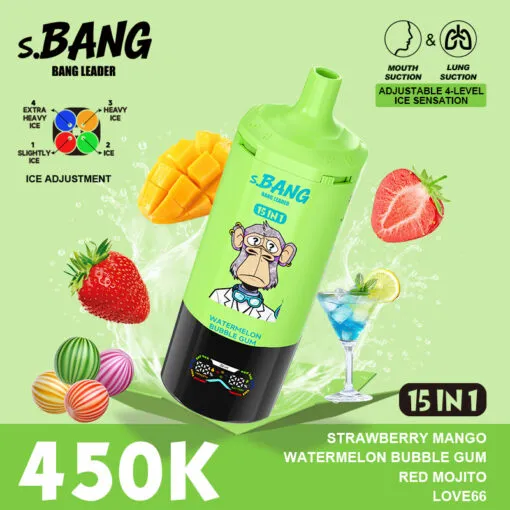 Vaper desechable BANG LEADER 450000 puffs 15 en 1 sabor Strawberry Mango, Watermelon Bubble Gum, Red Mojito y Love 66