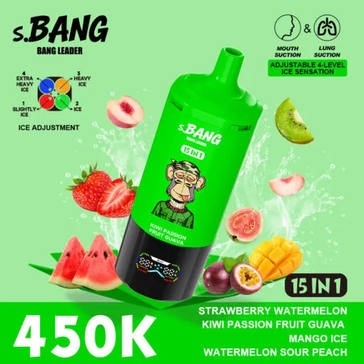 Vaper desechable BANG LEADER 450000 puffs 15 en 1 sabor Strawberry Watermelon, Kiwi Passion Fruit Guava, Mango Ice, Watermelon y Sour Peach