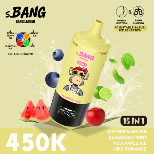 Vaper desechable BANG LEADER 450000 puffs 15 en 1 sabor Watermelon Ice, Blueberry Mint, Fuji Apple Ice y Lime Romance