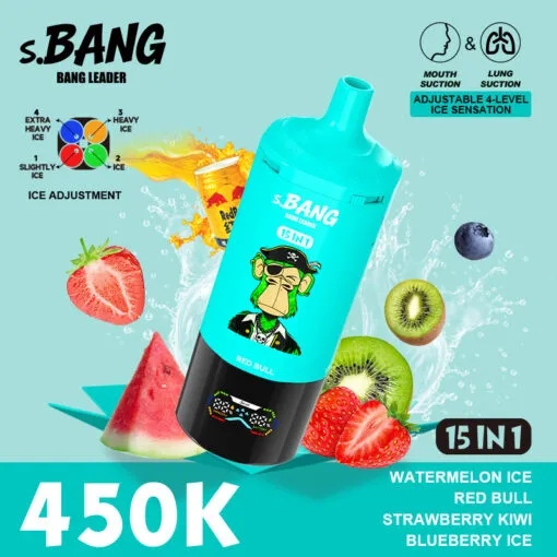Vaper desechable BANG LEADER 450000 puffs 15 en 1 sabor Watermelon Ice, Red Bull, Strawberry Kiwi y Blueberry Ice