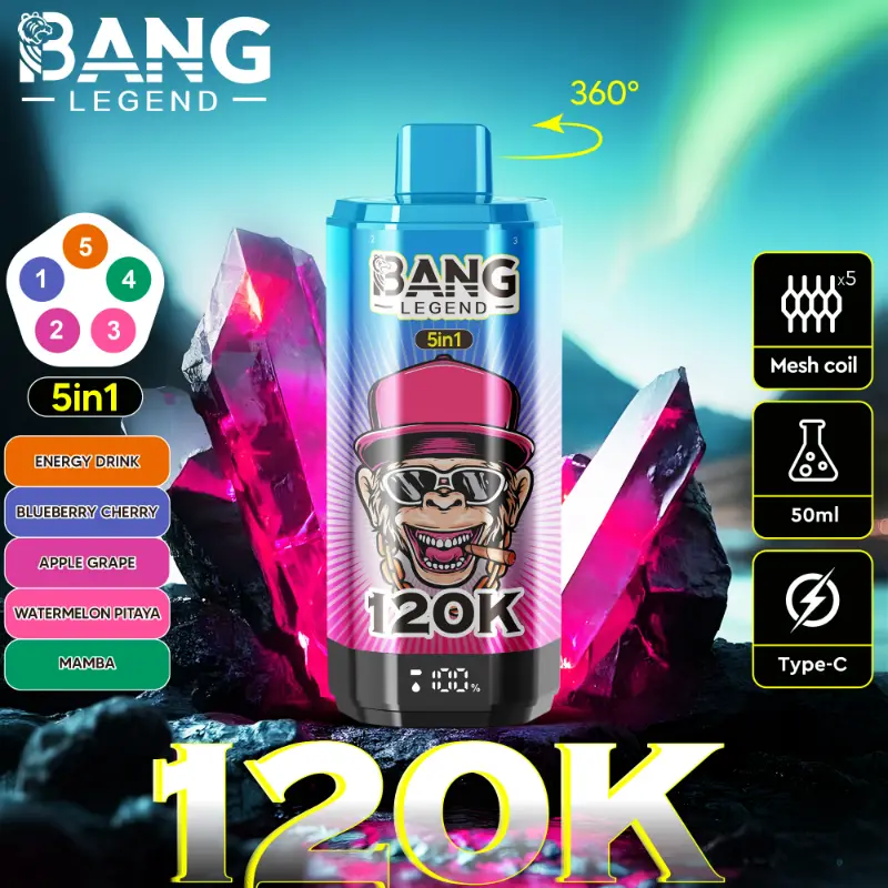 Bang Legend 120K 5 en 1: vaper desechable recargable de 120.000 caladas con selector de 5 sabores, imagen principal del producto
