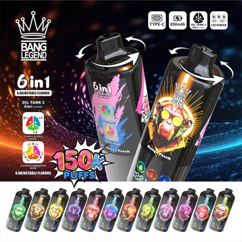 Bang Legend 150000 Puffs 6 en 1 – Vaper Desechable Recargable de 150.000 Caladas