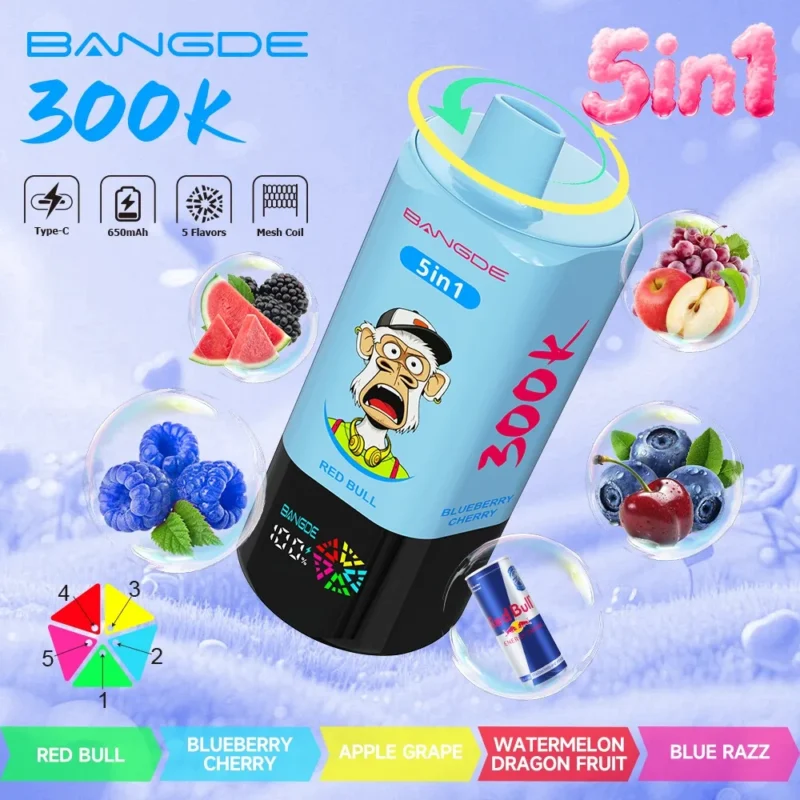 Bangde 300000 5 en 1 - sabores Redbull) y Blueberry Cherry
