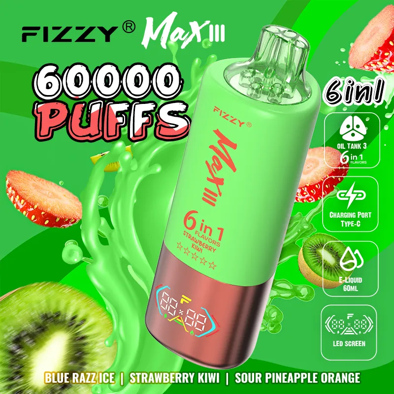 Vaper desechable Fizzy Max III 60000 6-en-1, sabores: Blue Razz Ice y Strawberry Kiwi
