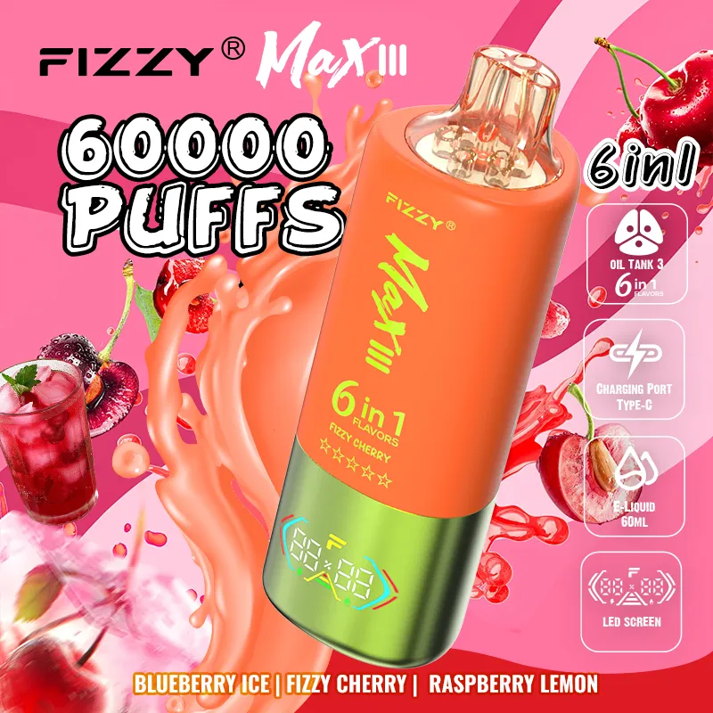 Vaper desechable Fizzy Max III 60000 6-en-1 con sabores: Blueberry Ice, Fizzy Cherry y Raspberry Lemon