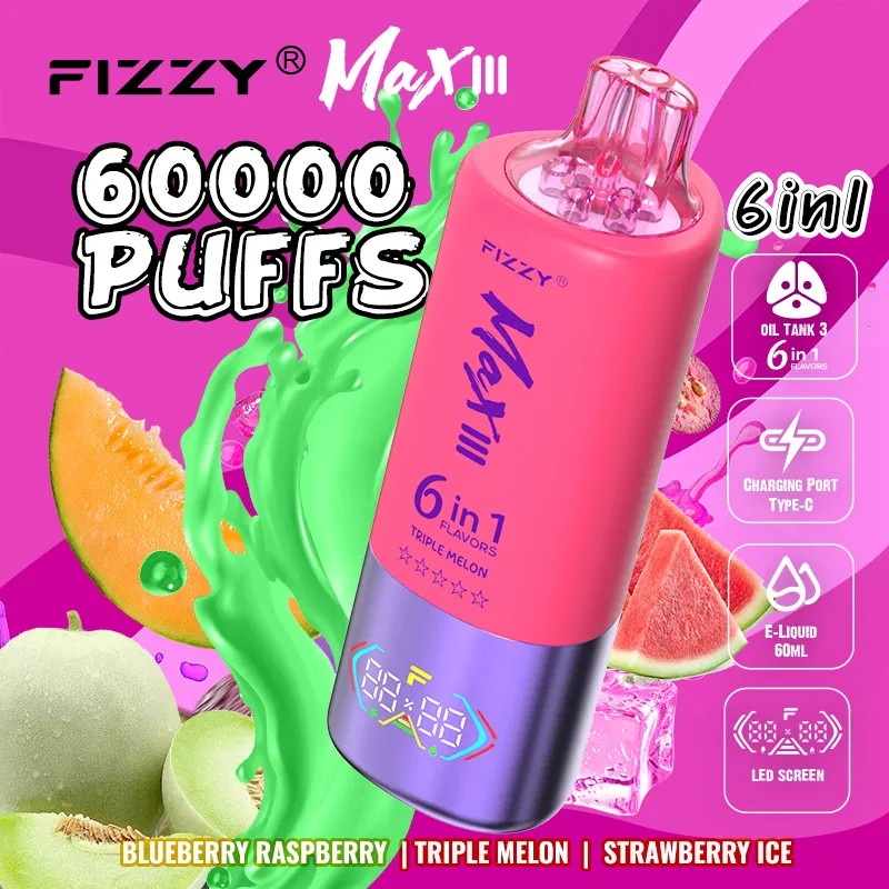 Vaper desechable Fizzy Max III 60000 6-en-1 con sabores: Blueberry Raspberry, Triple Melon y Strawberry Ice