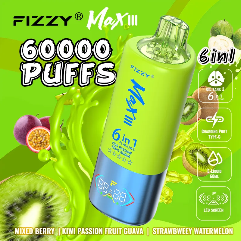 Vaper desechable Fizzy Max III 60000 6-en-1, sabores: Mixed Berry y Kiwi Passion Fruit Guava