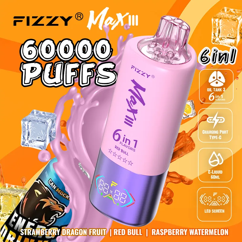 Vaper desechable Fizzy Max III 60000 6-en-1, sabores: Strawberry Dragon Fruit y Red Bull