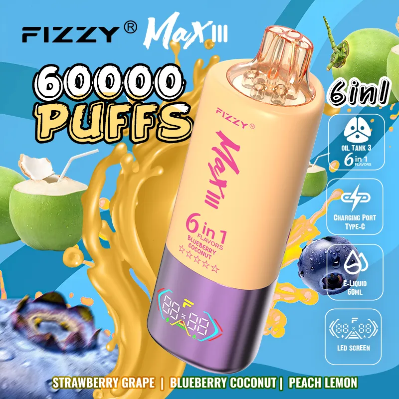 Vaper desechable Fizzy Max III 60000 6-en-1 con sabores: Strawberry Grape, Blueberry Coconut y Peach Lemon