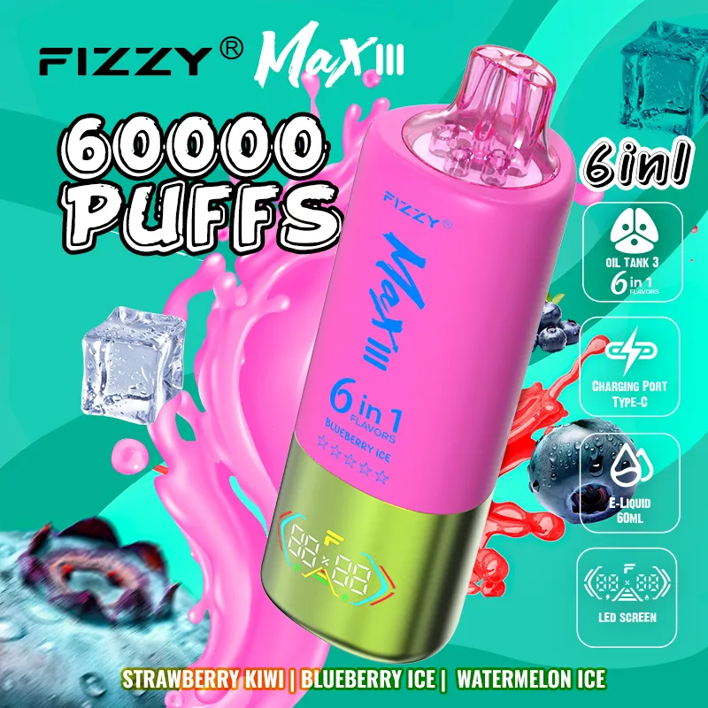 Vaper desechable Fizzy Max III 60000 6-en-1 con sabores: Strawberry Kiwi, Blueberry Ice y Watermelon Ice