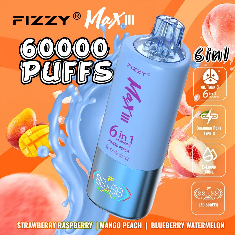 Vaper desechable Fizzy Max III 60000 6-en-1, sabores: Strawberry Raspberry y Mango Peach
