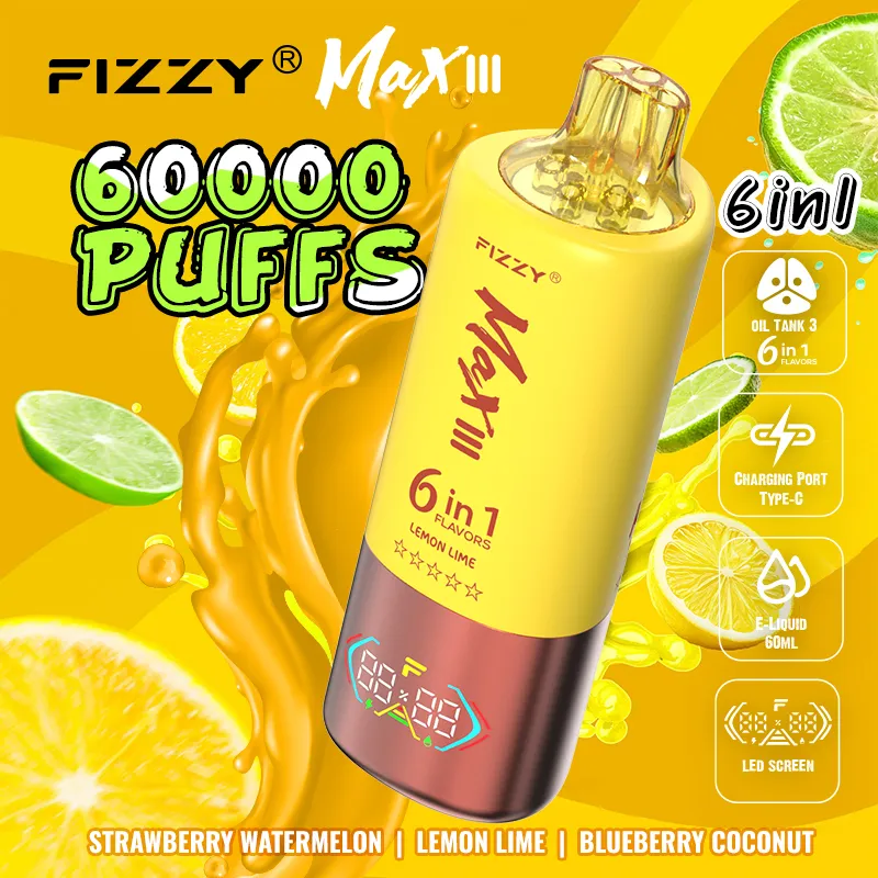 Vaper desechable Fizzy Max III 60000 6-en-1 con sabores: Strawberry Watermelon, Lemon Lime y Blueberry Coconut