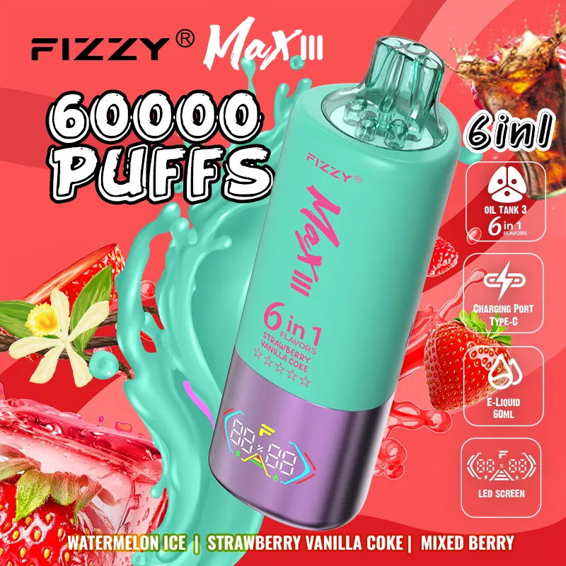 Vaper desechable Fizzy Max III 60000 6-en-1 con sabores: Watermelon Ice, Strawberry Vanilla Coke y Mixed Berry