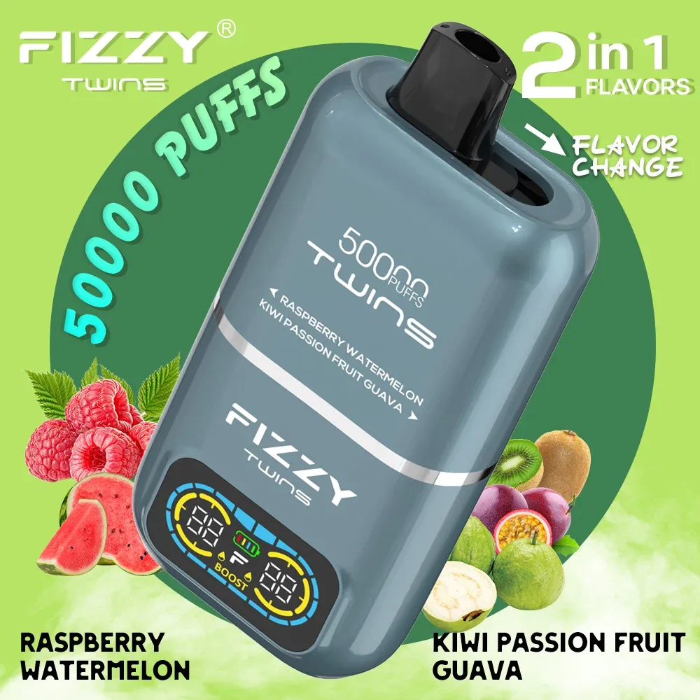 Vaper desechable FIZZY TWINS 50000 puffs sabor Raspberry Watermelon y Kiwi Passion Fruit Guava
