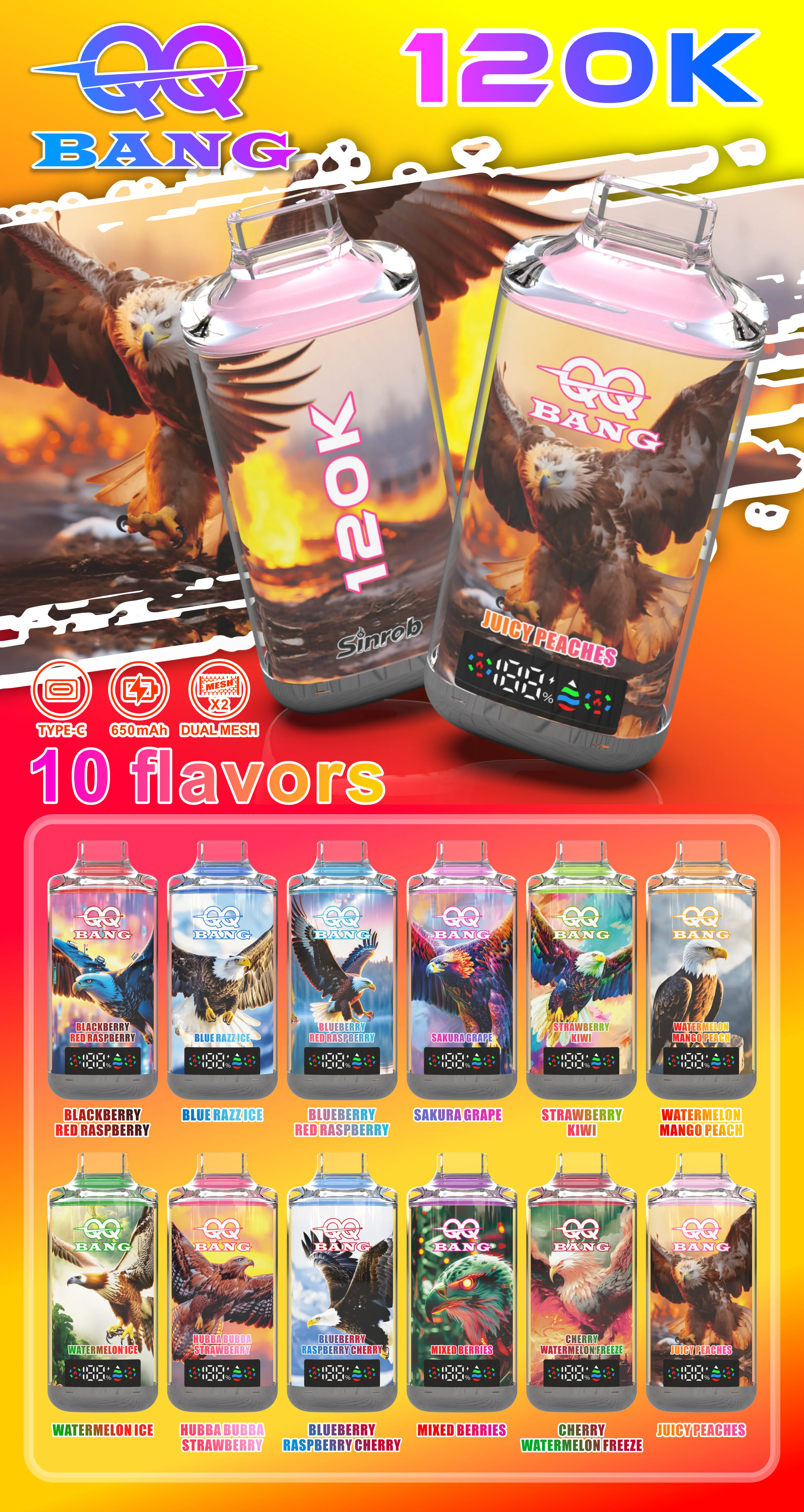Vaper Desechable QQ Bang 120K – Batería Recargable 650 mAh, Pantalla LED y Resistencia de 1.0Ω - Imagen 8
