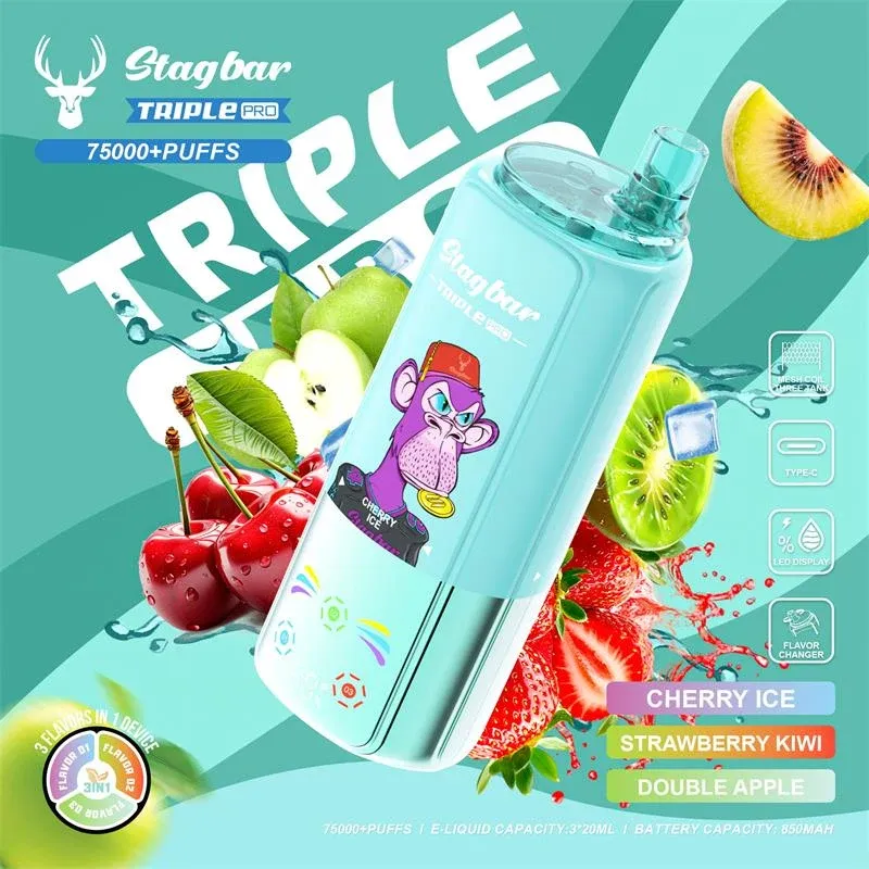 Vaper desechable STAG BAR TRIPLE PRO 75000 puffs sabor Cherry Ice, Strawberry Kiwi y Double Apple