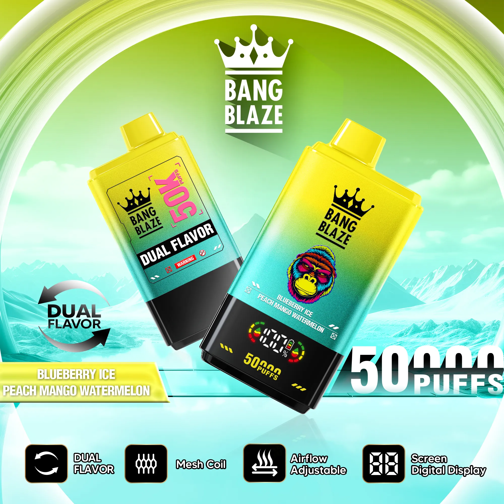Bang Blaze 50K – sabor Blueberry Ice y Peach Mango Watermelon