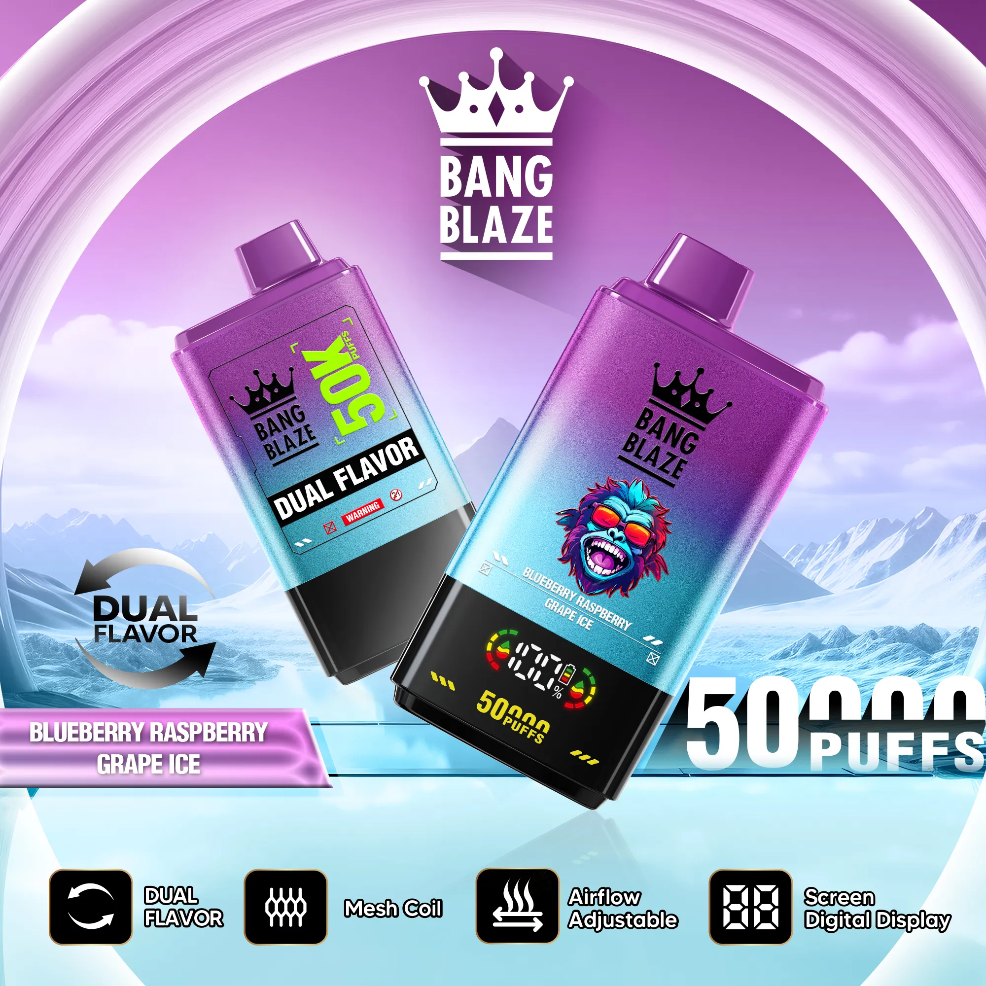 Bang Blaze 50K – sabor Blueberry Raspberry y Grape Ice