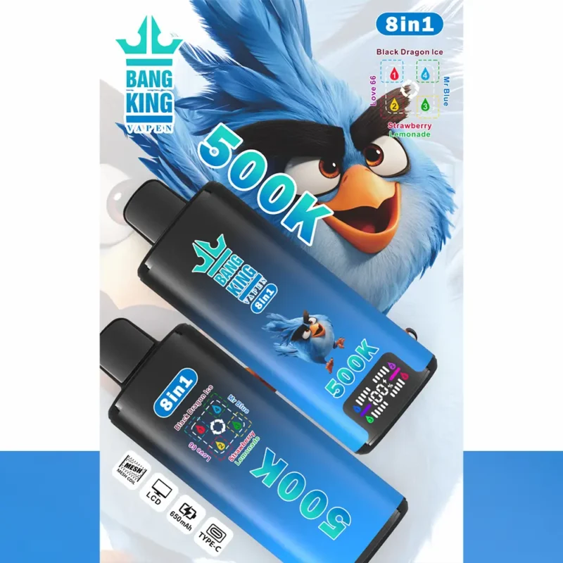 Vaper desechable Bang King 500K 8-en-1, sabores: Black Dragon Ice, Love 66, Mr Blue y Strawberry Lemonade