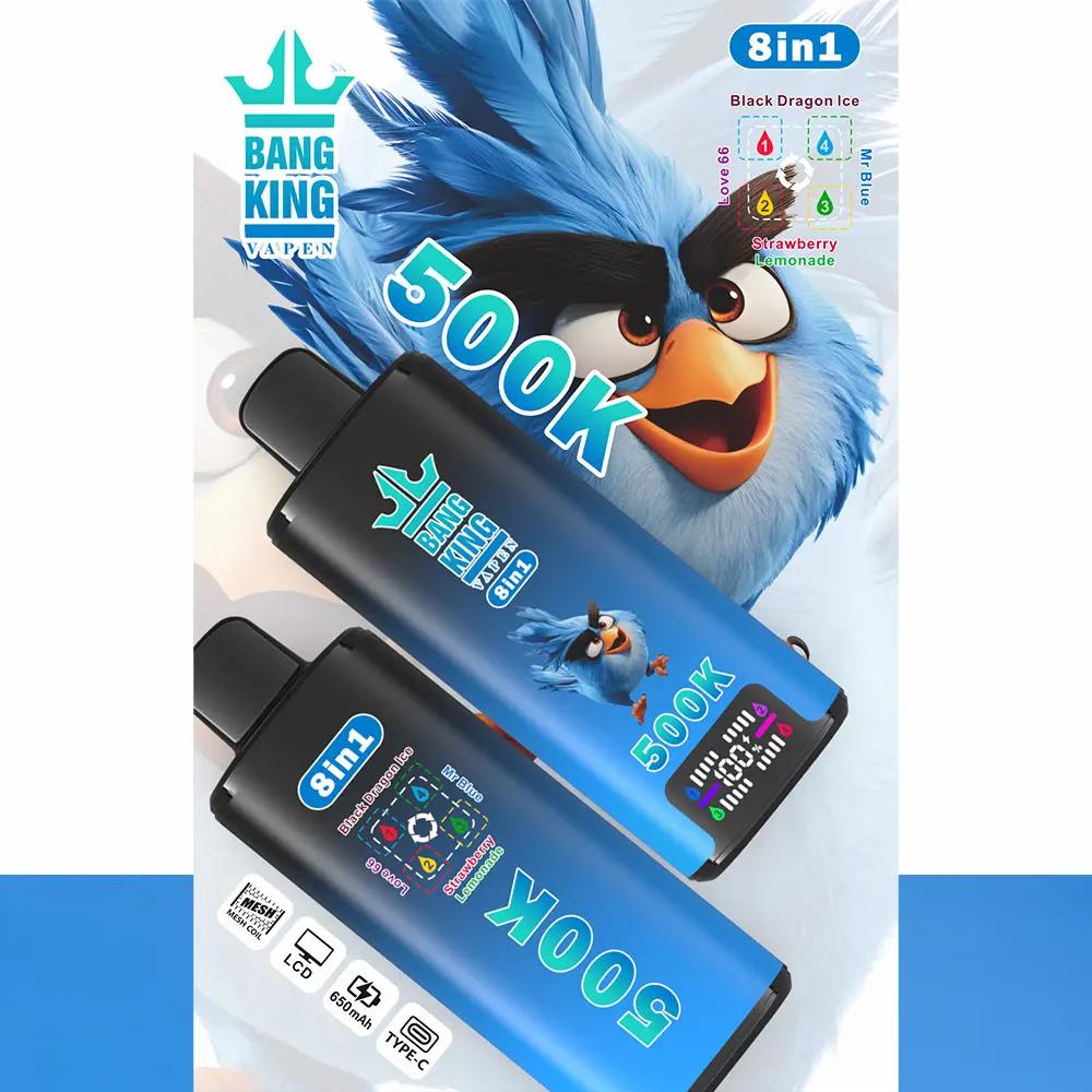 Vaper desechable Bang King 500K 8-en-1, sabores: Black Dragon Ice, Love 66, Mr Blue y Strawberry Lemonade