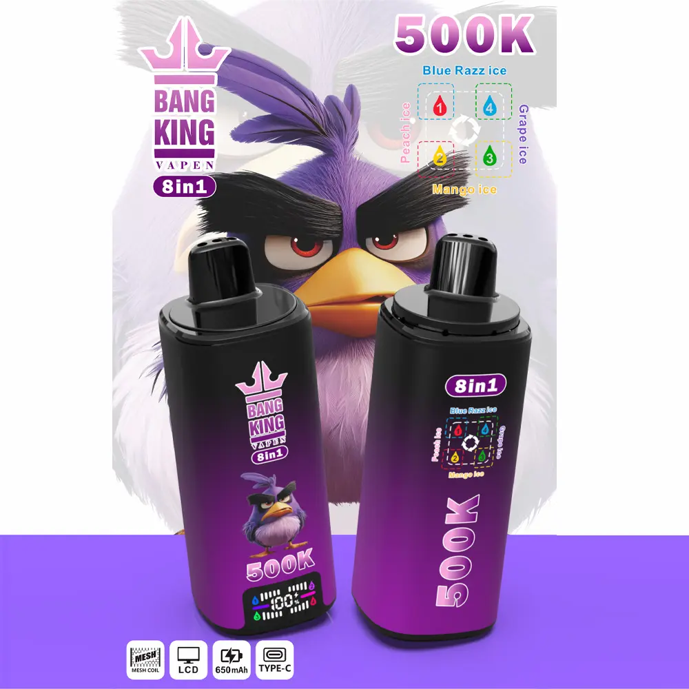 Vaper desechable Bang King 500K 8-en-1, sabores: Blue Razz Ice, Peach Ice, Grape Ice y Mango Ice