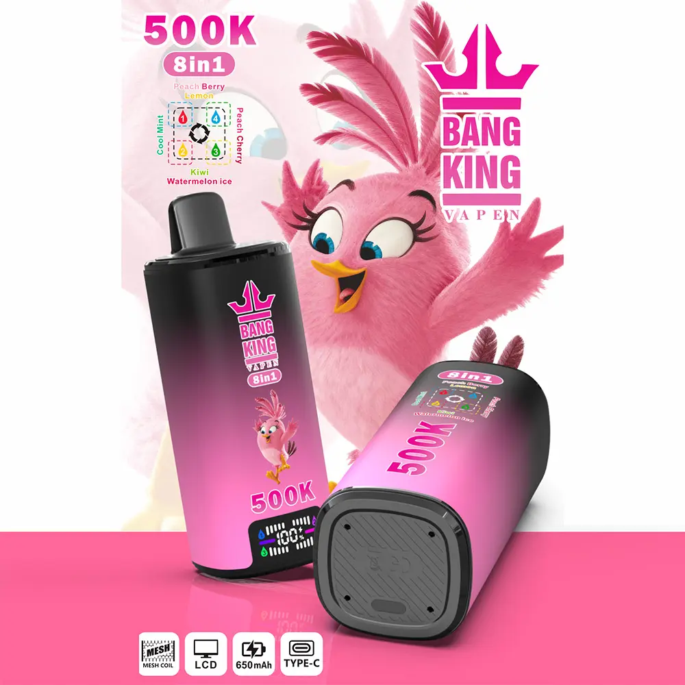 Vaper desechable Bang King 500K 8-en-1, sabores: Cool Mint, Peach Berry, Blue Cherry Lemon y Kiwi Watermelon Ice