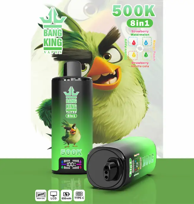 Vaper desechable Bang King 500K 8-en-1, sabores: Double Apple, Mango Peach, Strawberry Watermelon y Strawberry Vanilla Coke