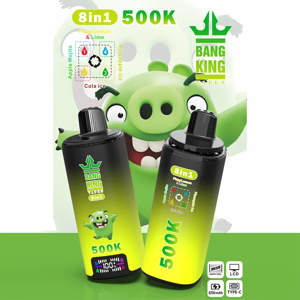 Vaper desechable Bang King 500K 8-en-1, sabores: Fizzy Lemon Lime, Apple Mojito, Pineapple Ice y Cola Ice