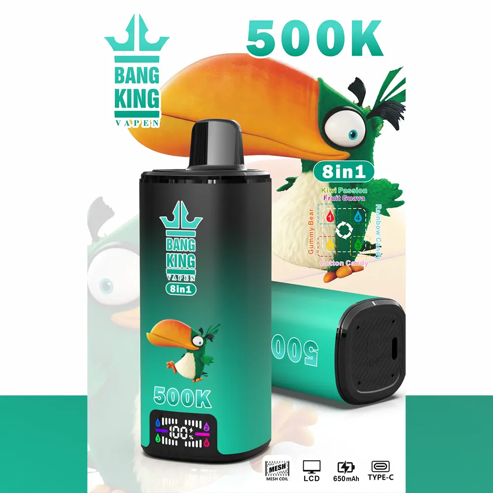Vaper desechable Bang King 500K 8-en-1, sabores: Kiwi Passion Fruit Guava, Gummy Bear, Rainbow Candy y Cotton Candy