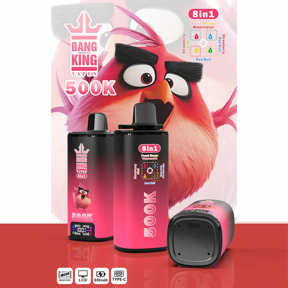 Vaper desechable Bang King 500K 8-en-1, sabores: Peach Mango Watermelon, Red Bull, Strawberry Red Bull y Strawberry Kiwi