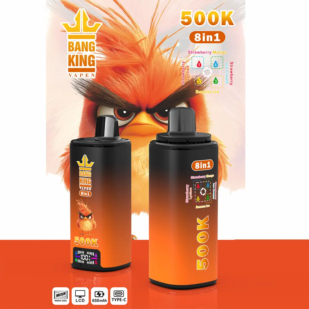 Vaper desechable Bang King 500K 8-en-1, sabores: Strawberry Mango, Strawberry Ice Cream, Banana Ice y Strawberry Lychee