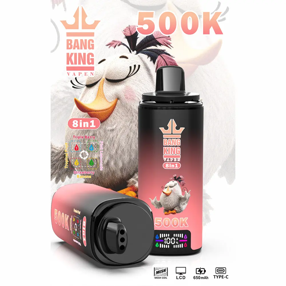Vaper desechable Bang King 500K 8-en-1, sabores: Triple Berry, Tropical Fruit, Strawberry Banana y Pink Lemonade