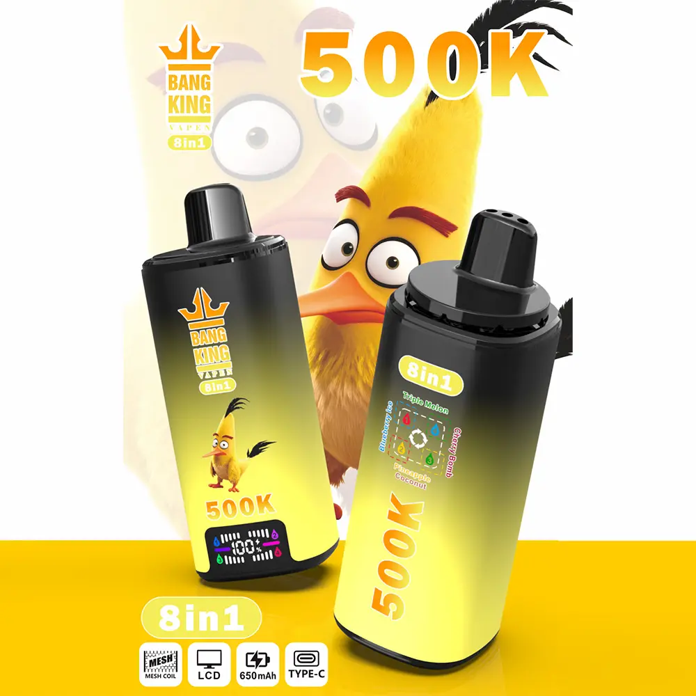 Vaper desechable Bang King 500K 8-en-1, sabores: Triple Melon, Blueberry Ice, Cherry Bomb y Pineapple Coconut