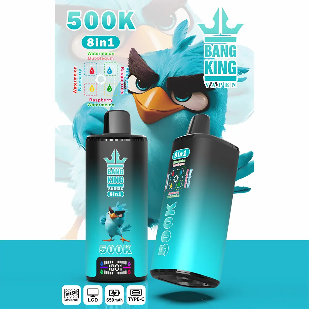 Vaper desechable Bang King 500K 8-en-1, sabores: Watermelon Bubblegum, Blueberries Raspberries, Raspberry Watermelon y Watermelon Blueberry